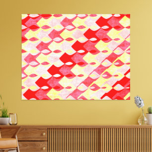 Retro geometrisch diamantpatroon rood, roze & geel canvas afdruk
