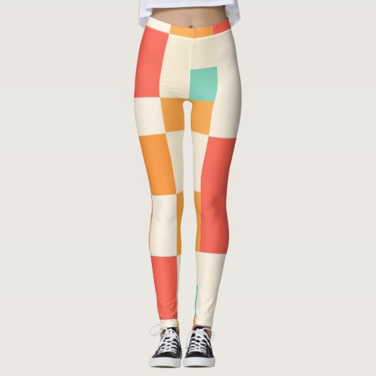 Retro geometrisch kleurenblokpatroon leggings (Voorkant)