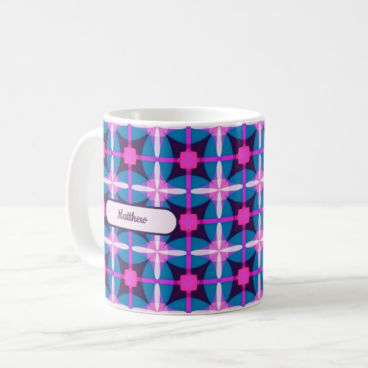 Retro Geometrisch Ontwerp in Roze, Paarse en Blauw Koffiemok (Voorkant links)