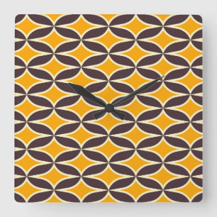 Retro geometrisch patroon geel en bruin blad vierkante klok