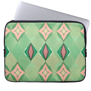 Retro geometrisch patroon groen roze diamant ster laptop sleeve