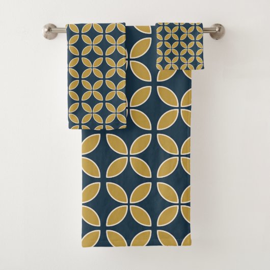 Retro geometrisch patroon Navy, Mosterd Bad Handdoek (Insitu)