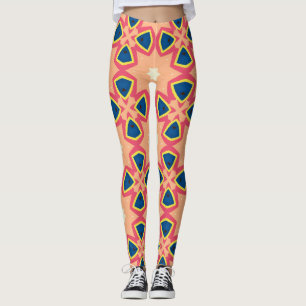 Retro geometrisch perzik blauw roze patroon leggings