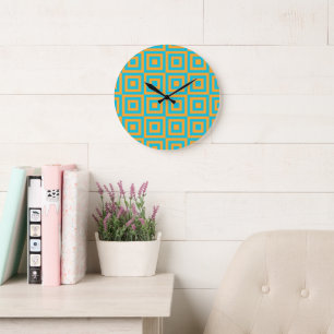 Retro geometrisch vierkant patroon – Krachtig oran Grote Klok