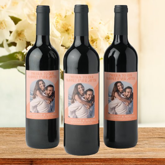 Retro Geometrische 70's boogperzik & Oranje bruilo Wijn Etiket