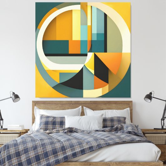 Retro Geometrische Abstractie Cirkels en Rechthoek Canvas Afdruk (Insitu (Slaapkamer))