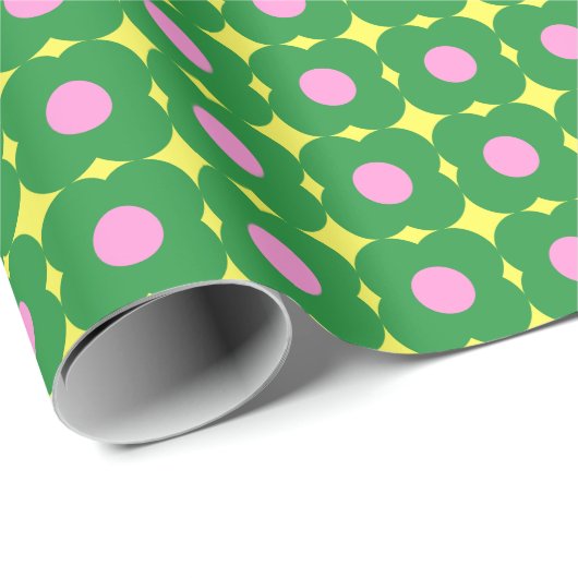 Retro Geometrische Bloemen in Roze en Groen Cadeaupapier (Rol Hoek)