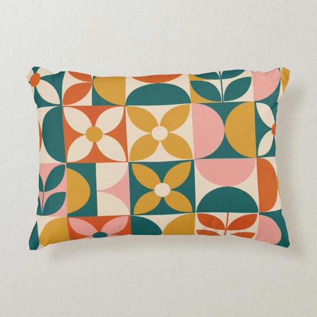 Retro geometrische bloemenpatchwork accent kussen (Voorkant)