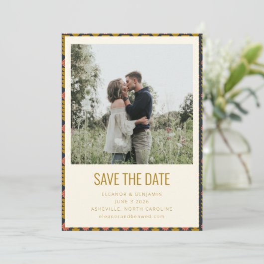 Retro Geometrische Botanische Goud Navy Bruiloft Save The Date (Staand voorkant)