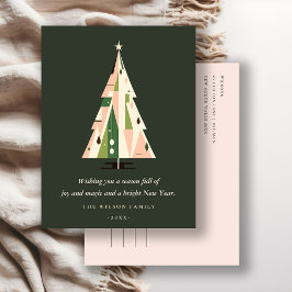 Retro Geometrische Kerstboom Blush Forest Green Feestdagenkaart