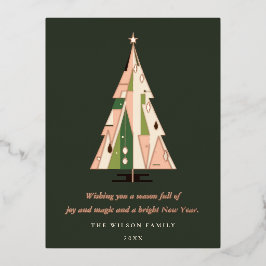 Retro Geometrische Kerstboom Blush Forest Green Folie Feestdagen Briefkaart