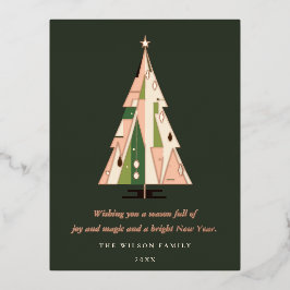 Retro Geometrische Kerstboom Blush Forest Green Folie Feestdagen Briefkaart