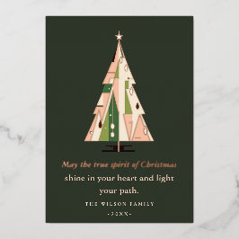 Retro Geometrische Kerstboom Blush Forest Green Folie Feestdagenkaart