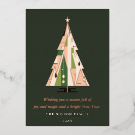 Retro Geometrische Kerstboom Blush Groene Roest Folie Feestdagenkaart
