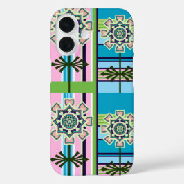 Retro geometrische patronen en fantasiebloemen iPhone 16 hoesje