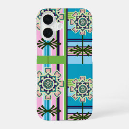 Retro geometrische patronen en fantasiebloemen iPhone 16 hoesje