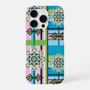 Retro geometrische patronen en fantasiebloemen iPhone 16 pro hoesje