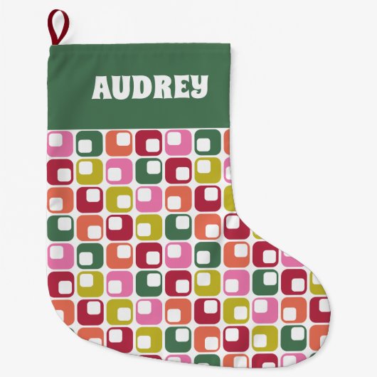 Retro geometrische print 1970s gepersonaliseerd grote kerstsok (Voorkant)