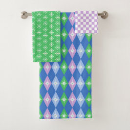 Retro geometrische Scandi-diamanten blauw en groen Bad Handdoek