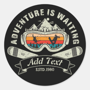 Retro gepersonaliseerd ski-avontuur ronde sticker
