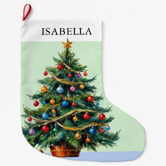 Retro gepersonaliseerde feestelijke kerstboom grote kerstsok (Voorkant)
