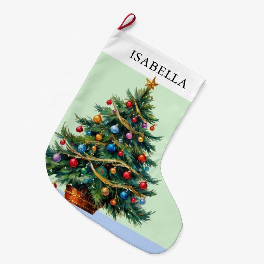 Retro gepersonaliseerde feestelijke kerstboom grote kerstsok (Voorkant (Hangend))