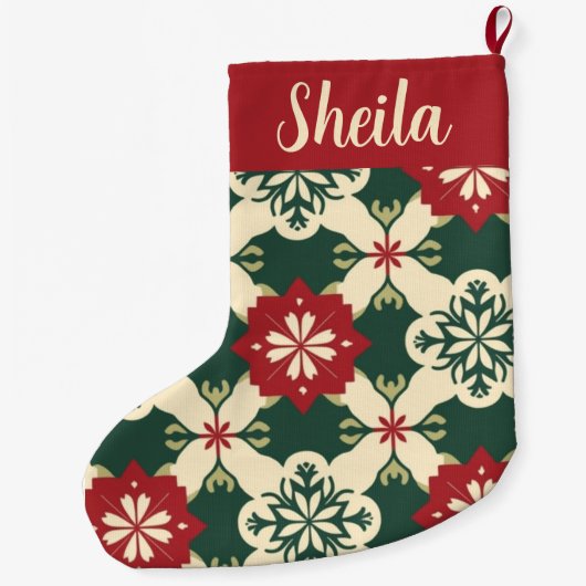 Retro gepersonaliseerde rood en groen geplakt grote kerstsok (Achterkant)