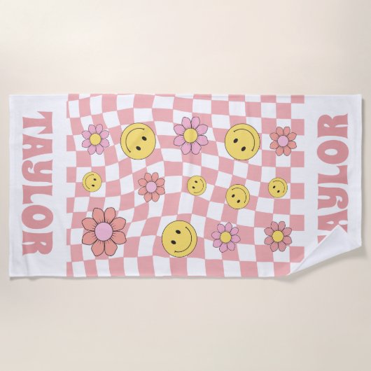RETRO Gepersonaliseerde Strandlaken Naam Happy Fac (Voorkant)