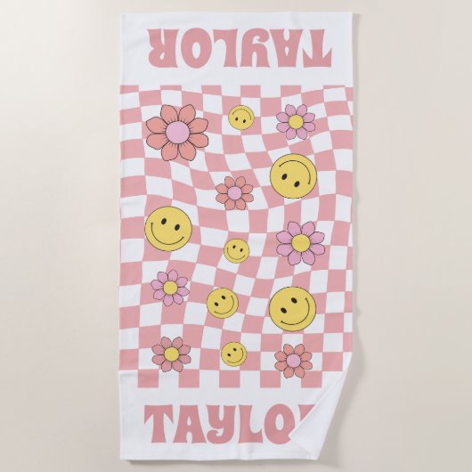 RETRO Gepersonaliseerde Strandlaken Naam Happy Fac (Voorkant)