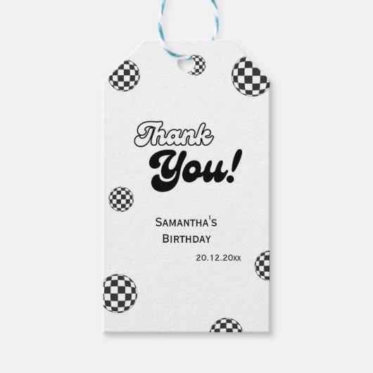 Retro Geruit "Bedankt" Zwart & Wit Groovy Cadeaulabel (Voorkant)