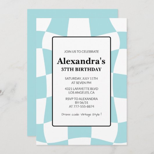 Retro Geruit Blauw 37e verjaardag uitnodigingen (Voorkant / Achterkant)