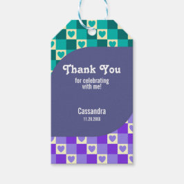 Retro geruit hart Bauhaus Blauwgroen Blauw Verjaar Cadeaulabel