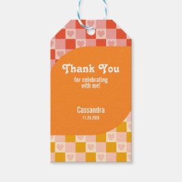 Retro geruit hart Bauhaus Rood Sinaasappel Verjaar Cadeaulabel