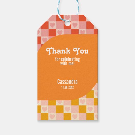 Retro geruit hart Bauhaus Rood Sinaasappel Verjaar Cadeaulabel (Voorkant)