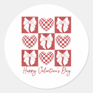 Retro geruit hart Coquette strik Happy Valentijn Ronde Sticker