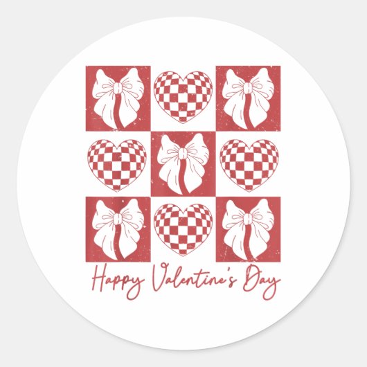 Retro geruit hart Coquette strik Happy Valentijn Ronde Sticker (Voorkant)