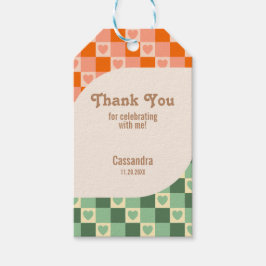 Retro geruit hart groen Sinaasappel Verjaardag Cadeaulabel