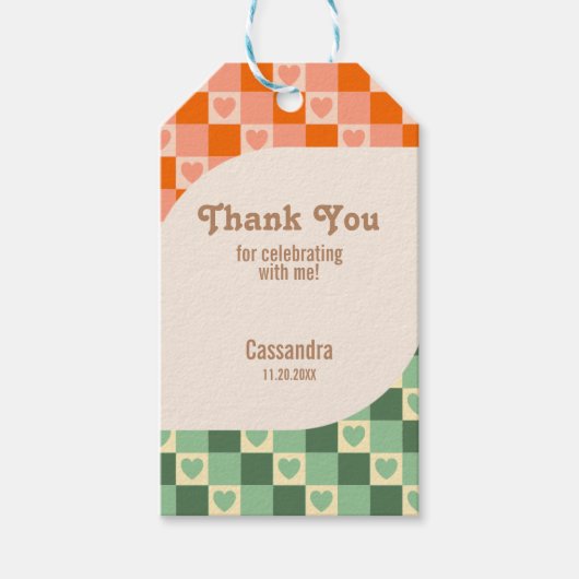 Retro geruit hart groen Sinaasappel Verjaardag Cadeaulabel (Voorkant)