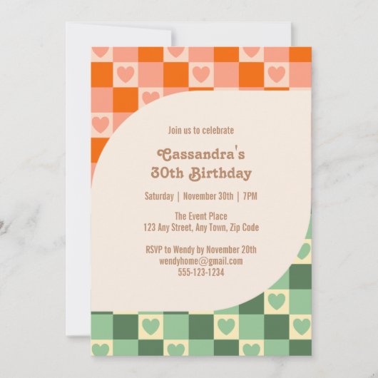 Retro geruit hart groen Sinaasappel Verjaardag Kaart (Voorkant)