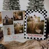 Retro geruite boog familie foto feestdagenkaart