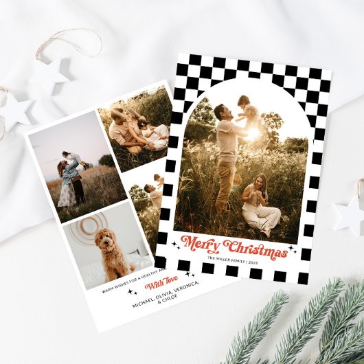 Retro geruite boog familie foto feestdagenkaart