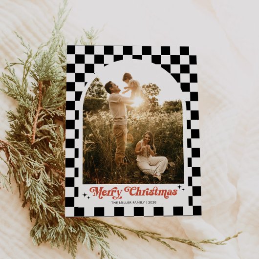 Retro geruite boog familie foto feestdagenkaart