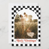 Retro geruite boog familie foto feestdagenkaart (Voorkant)