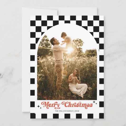 Retro geruite boog familie foto feestdagenkaart (Voorkant)