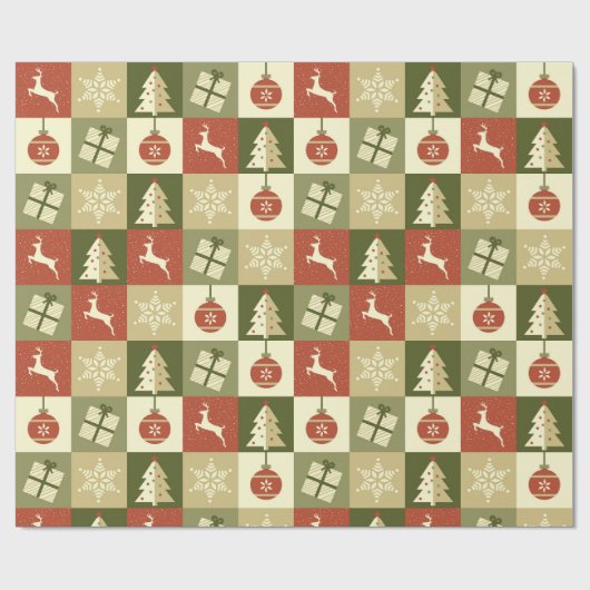 Retro geruite kerst rood en groen cadeaupapier (Vlak)