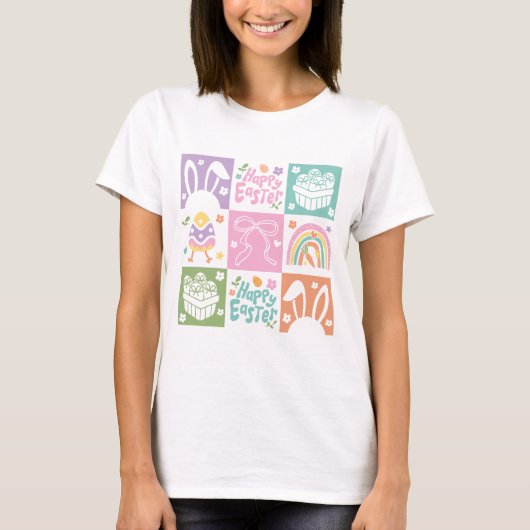 Retro geruite pastel paascoquette t-shirt (Voorkant)