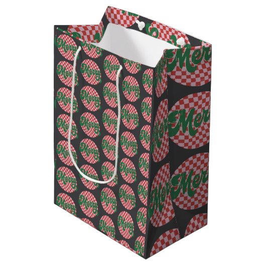 Retro geruite Prettig Kerstfeest  Medium Cadeauzakje (Voorkant Gekanteld)