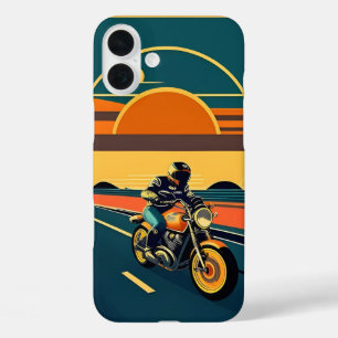 Retro gestilede motorrijder in een landschappelijk iPhone 16 plus hoesje