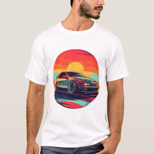 Retro gestileerde sportwagen met zonsondergang ach t-shirt