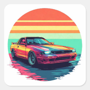 Retro gestileerde sportwagen met zonsondergang ach vierkante sticker